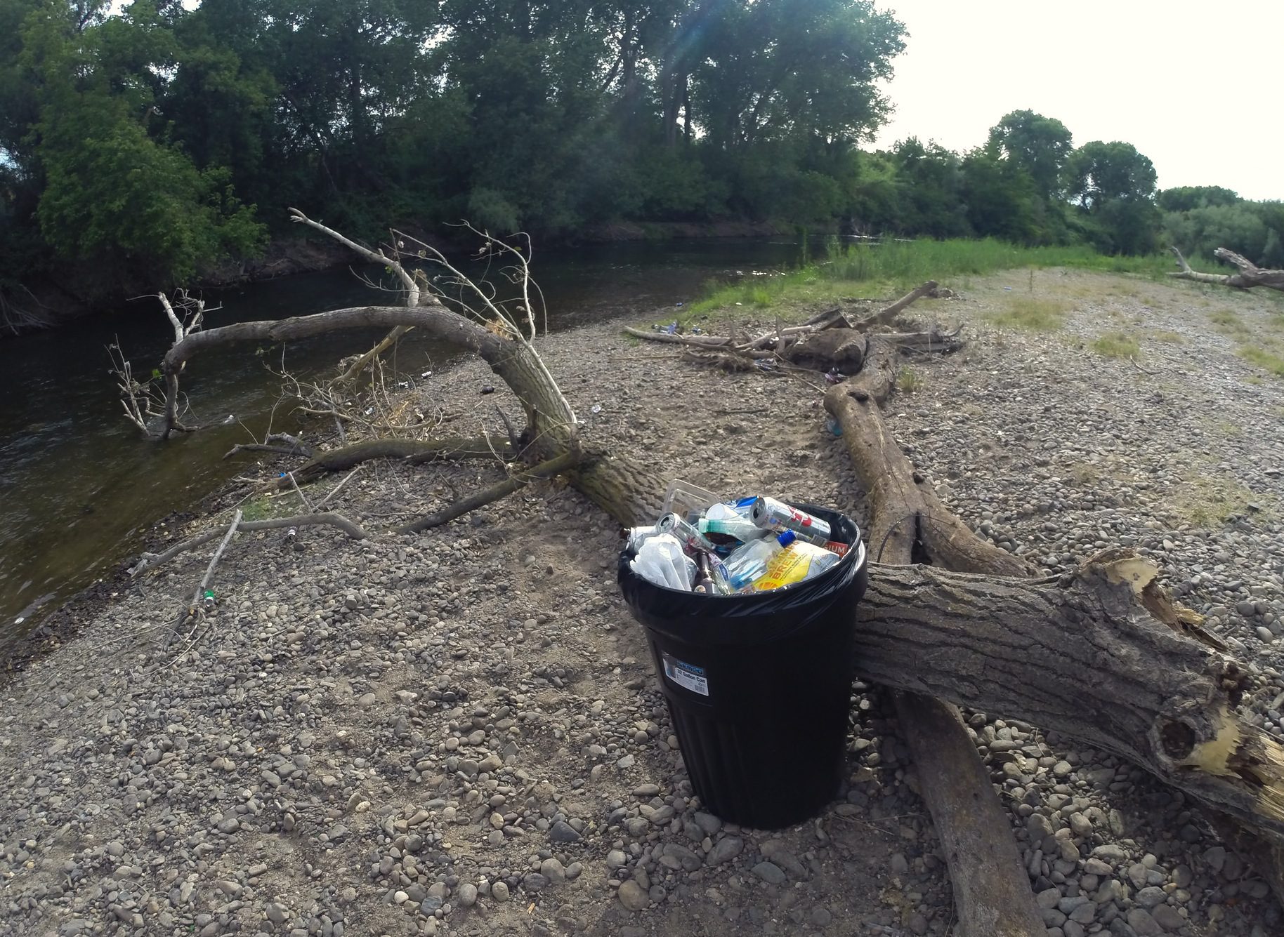 Trash can on Stanislaus River