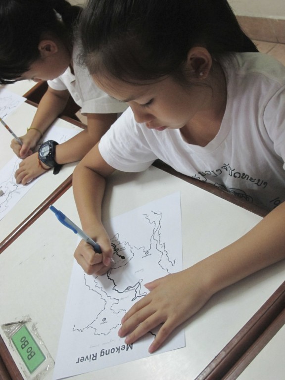 Students label maps of the Mekong River